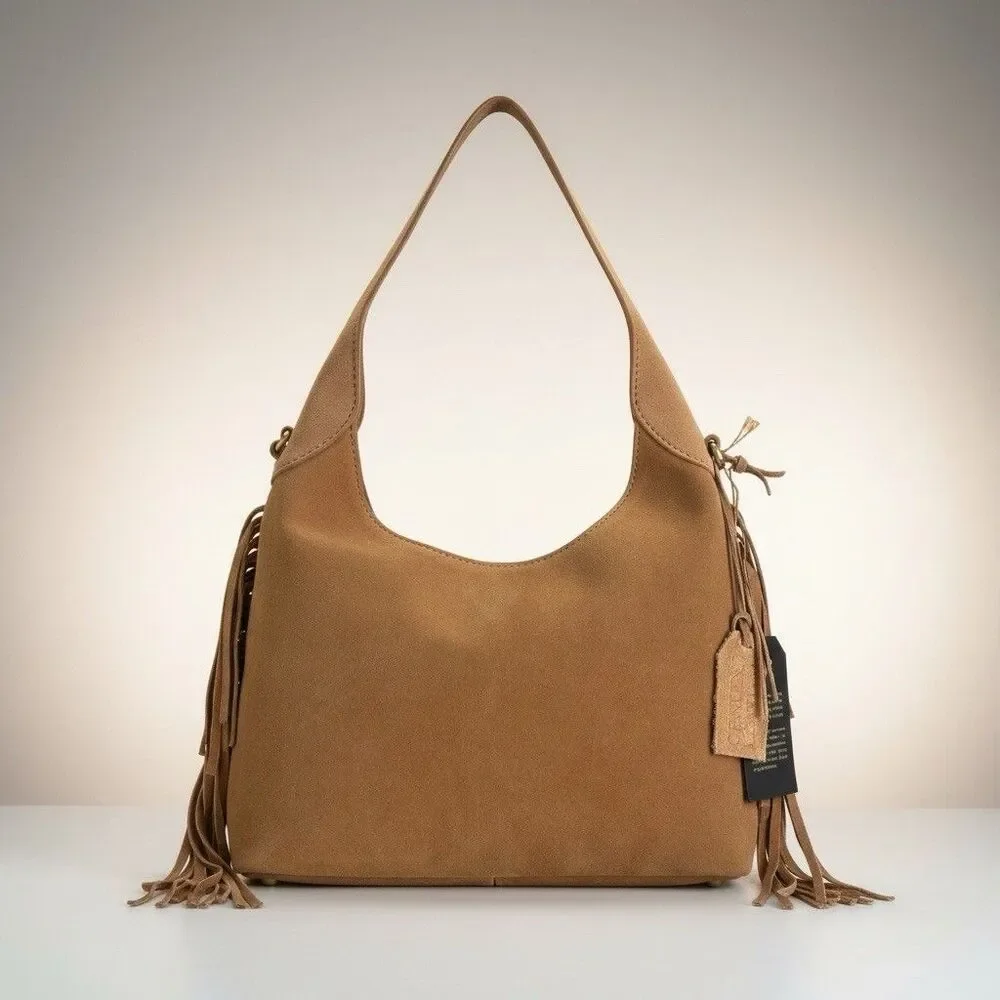 NWT Western Fringe Suede Leather Hobo Bag Tan Cowgirl Festival Crossbody Purse